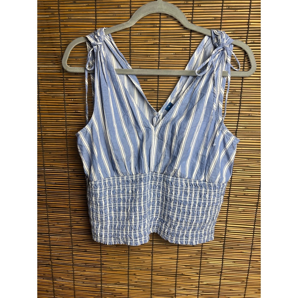 Old Navy Womens Blue White Striped Tie Shoulder Smocked Waist Crop Top Medium